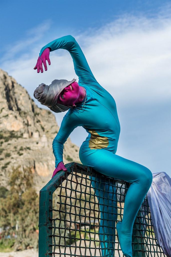 Photographs of performers and artsists in costumes and make-up during artist residency in Greece in february 2020 by berlin photographer Caroline Wimmer