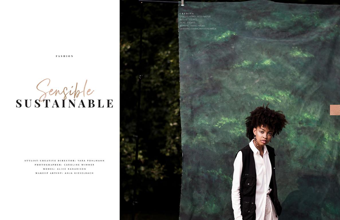 Fashion Editorial Sensible Sustainable with sustainable fashion published in Elegant magazine december 2020. photography by Caroline Wimmer from Berlin, styling and concept Yara Pohlmann.